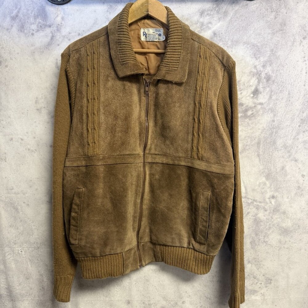 Vintage Repage Cow Split Leather Knit Sweater Jacket Mens Large Brown